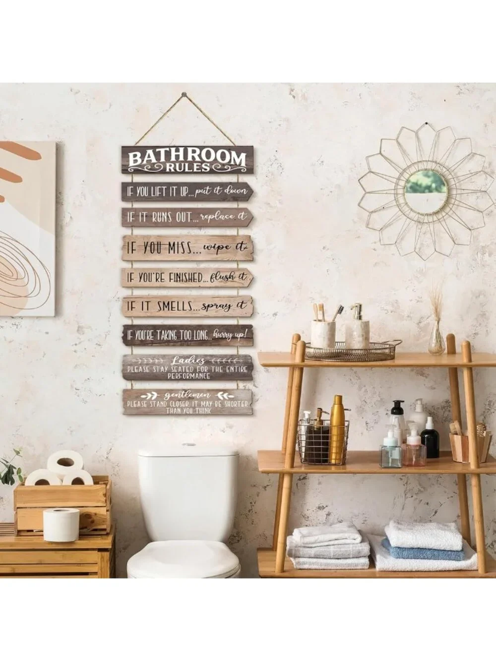 Rustic Funny Bathroom Wall Art - Rules & Signs for Farmhouse Decor, Wooden Decor